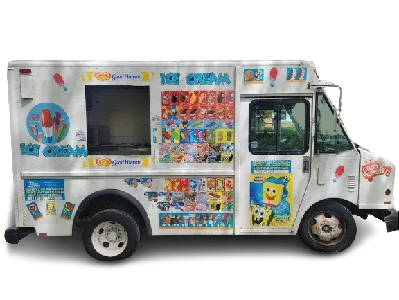 The Schaumburg Ice Cream Truck — a white ice cream truck with its serving window open and the menu boards on display